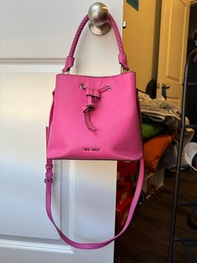 Nine West Hot Pink Braided Handle Drawstring Bucket Bag